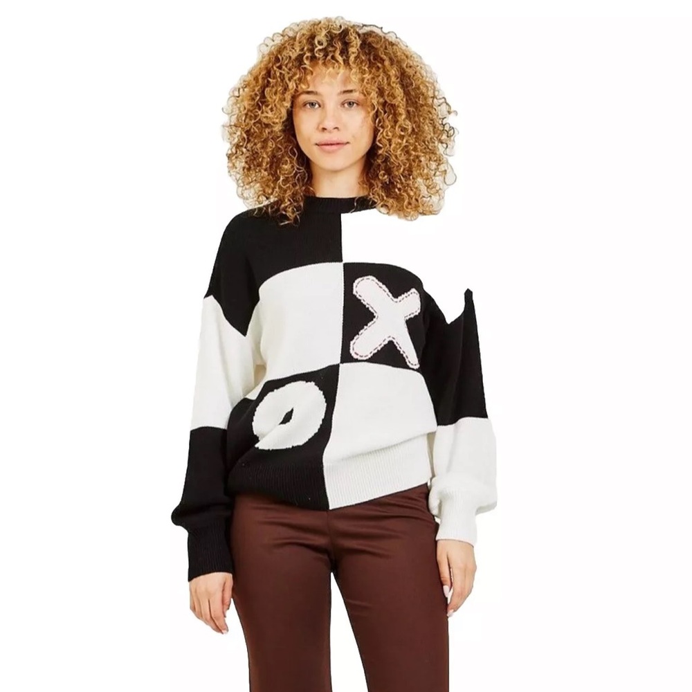Staud Sweater Tic Tac Toe Check Crew Neck Cotton Wool